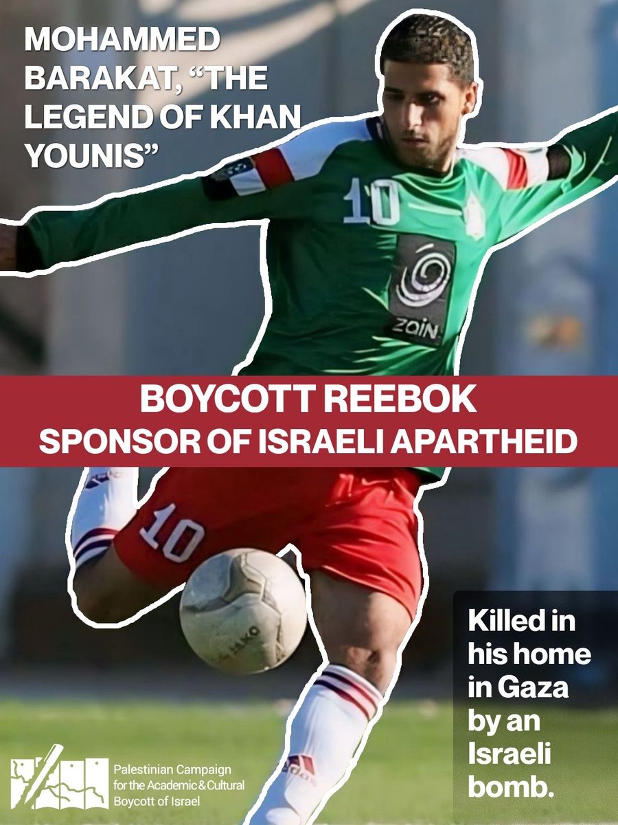 ipsc48's tweet photo. Do you know Palestinian footballer Mohammed Barakat, "the Legend of Khan Younis"? He had scored 114 goals until an Israeli bomb killed him in his home. Escalate pressure on @Reebok until it ends sponsorship of the Israel Football Assoc.

#BoycottReebok #DisruptFIFA #FIFAWorldCup https://t.co/MewBvSXYz3