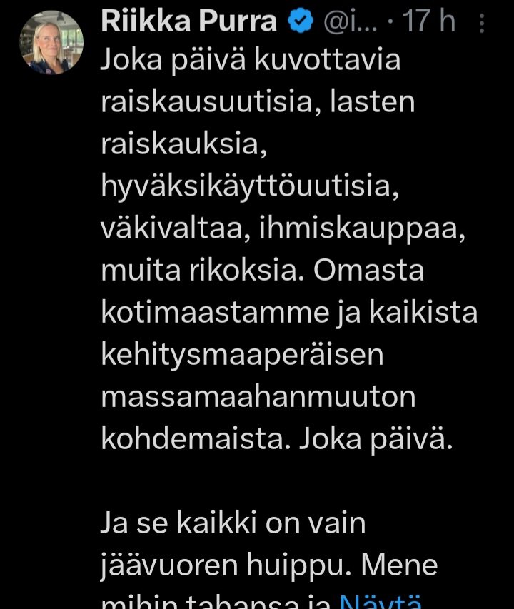 MarkoJokinen65's tweet photo. Onko Riikka kertaakaan huomioinut oman törkeän provosoinnin vaikutusta ?

Oulussa jo 3 ihmistä on puukotettu satunnaisesti ja miksi ?
Riikka vihakirjoittelun äiti olisi sovelias tähän vastaamaan ?
#riikkapurra
#vihakirjoittelu
#rasismi
#persut https://t.co/J34w9l6BPu