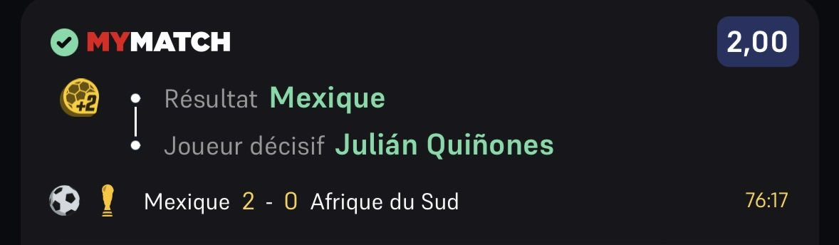 Toad_Prono1's tweet photo. Objectif x20 sur la Coupe du Monde ça commence bien 🙌

Merci le Mexique 🤙✅ https://t.co/AMoBztaKnM