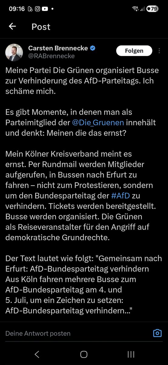 BjornChmill's tweet photo. @superclausi @ThomasS83646106 @JulianAdrat Der Aufruf, des  Kreisverbandes Bündnis 90/ Die Grünen, aus Köln, lautet auf Verhinderung de Bundesparteitages der AfD in Erfurt. https://t.co/DfBeLcVkwI
