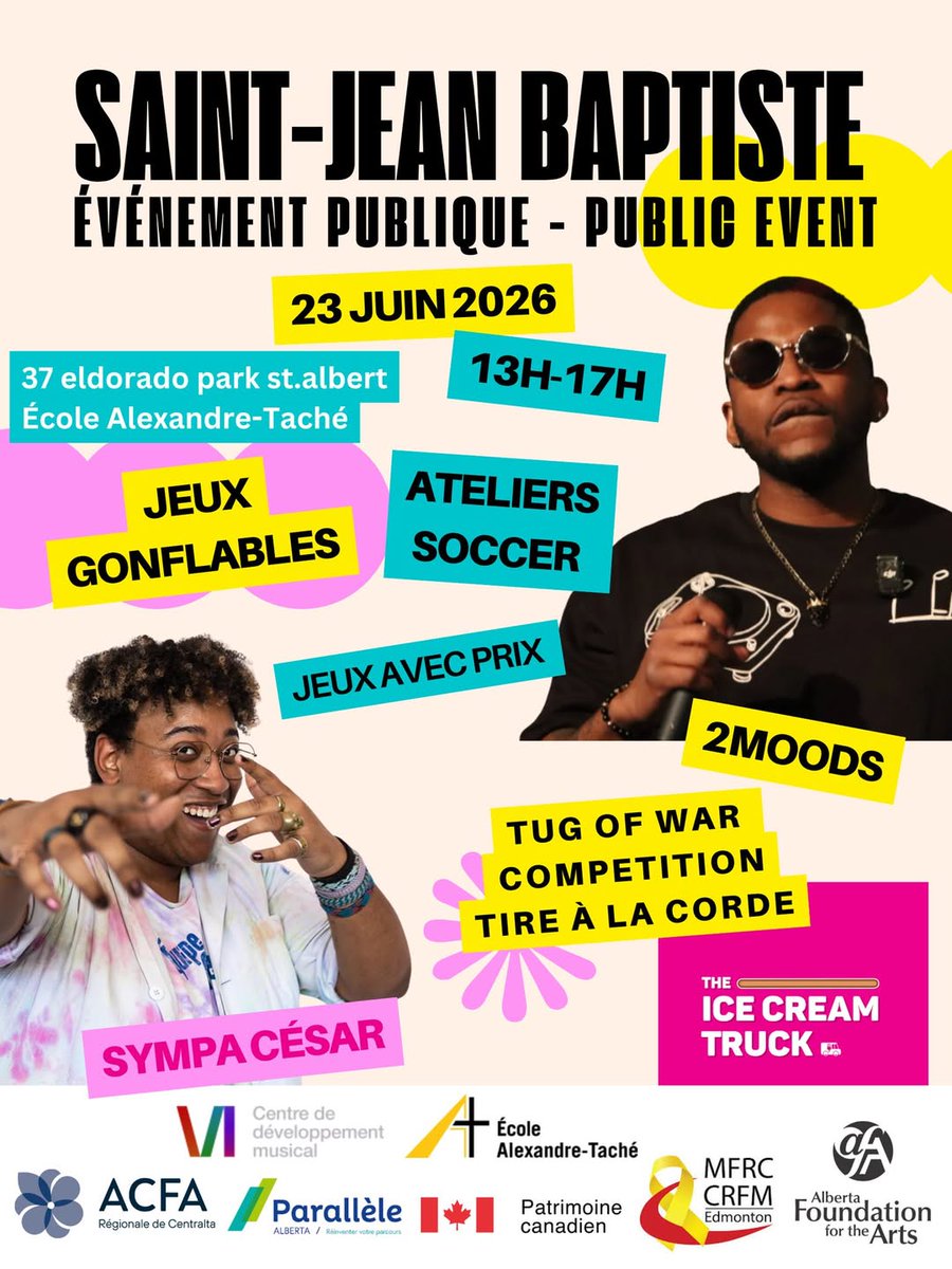 rsaAlberta's tweet photo. L'ACFA régionale de Centralta vous invite à célébrer la Saint-Jean Baptiste.
Date: 23 juin 2026
Heure: 13h00 à 17h00
Lieu: École Alexandre-Taché, 37 Eldorado Park, Saint-Albert
#acfa #centralta #edmonton #saintjean #fete #rassemblement #frab #francophonie #familles #musique #2moods #sympacesar