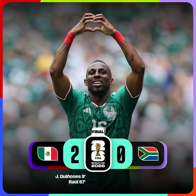 RMCFupdate's tweet photo. FINAL DEL PARTIDO

MÉXICO 2-0 SUDÁFRICA

México empieza el mundial con victoria. OJO que no sea la selección revelación, me ha gustado mucho su juego la verdad.

Sudáfrica tiene mucho que mejorar, pero no descarto su clasificación.

#WORLDCUP https://t.co/Wv5z6rQTyd