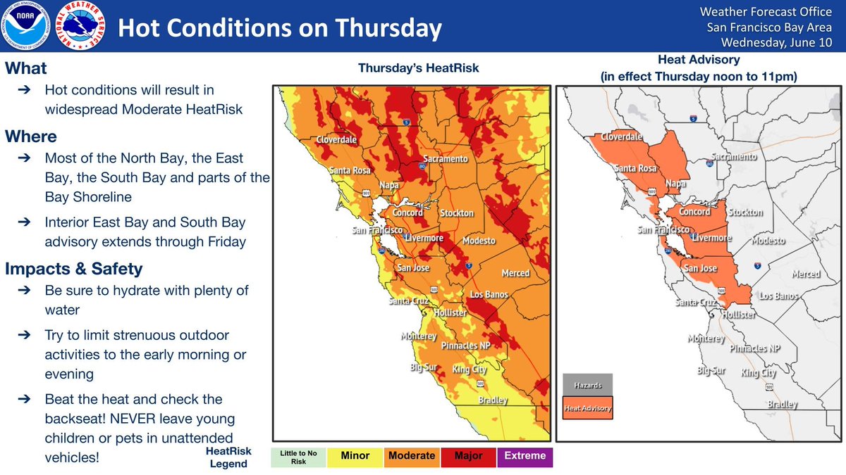 RedwoodCity's tweet photo. ⚠️ Heat Advisory in effect today from noon through 11 p.m.

Widespread Moderate HeatRisk is anticipated on Thursday and Friday across a good portion of the Bay Area. Moderate Heatrisk means members of heat-sensitive groups will experience negative heat-related health effects. https://t.co/Go7r7PksU5
