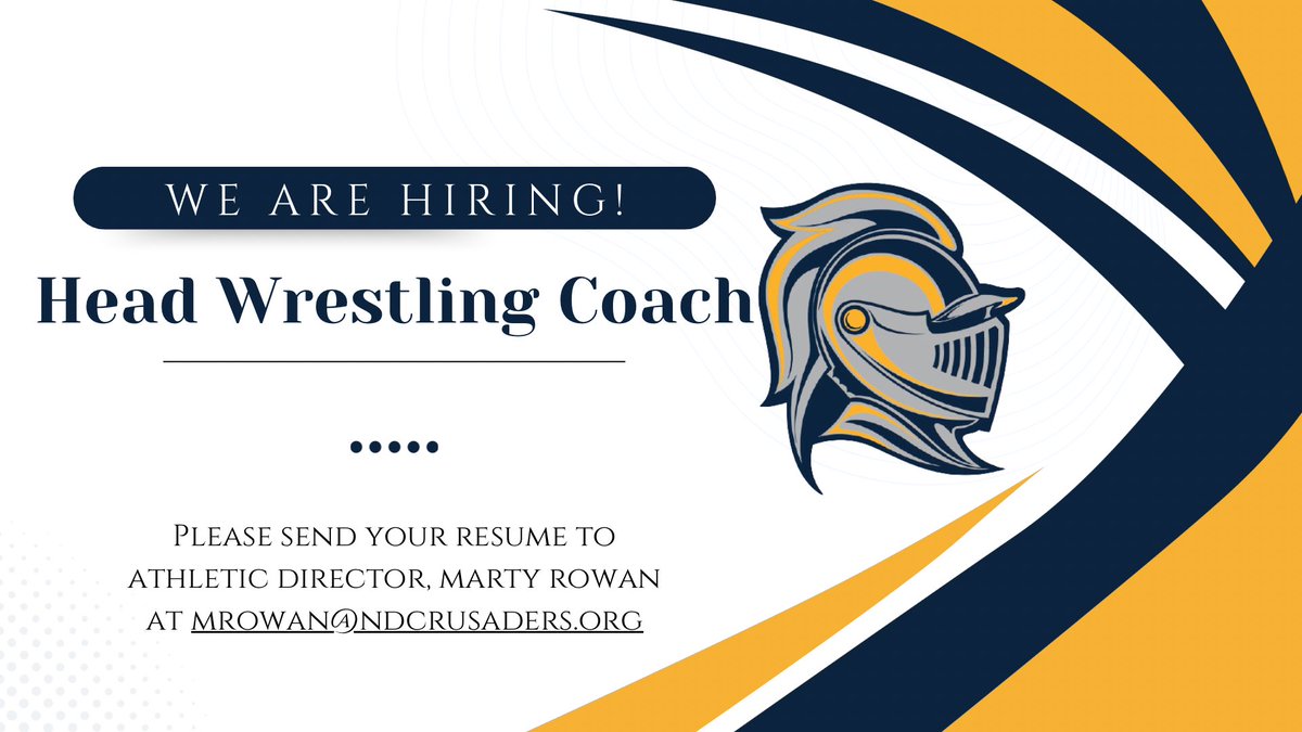 NDGP_Athletics's tweet photo. We’re hiring! Notre Dame is seeking a Head Wrestling Coach for the upcoming 2026-2027 season. Interested candidates should send their resume to Athletic Director, Marty Rowan at mrowan@ndcrusaders.org https://t.co/gS8HgIn0Vd