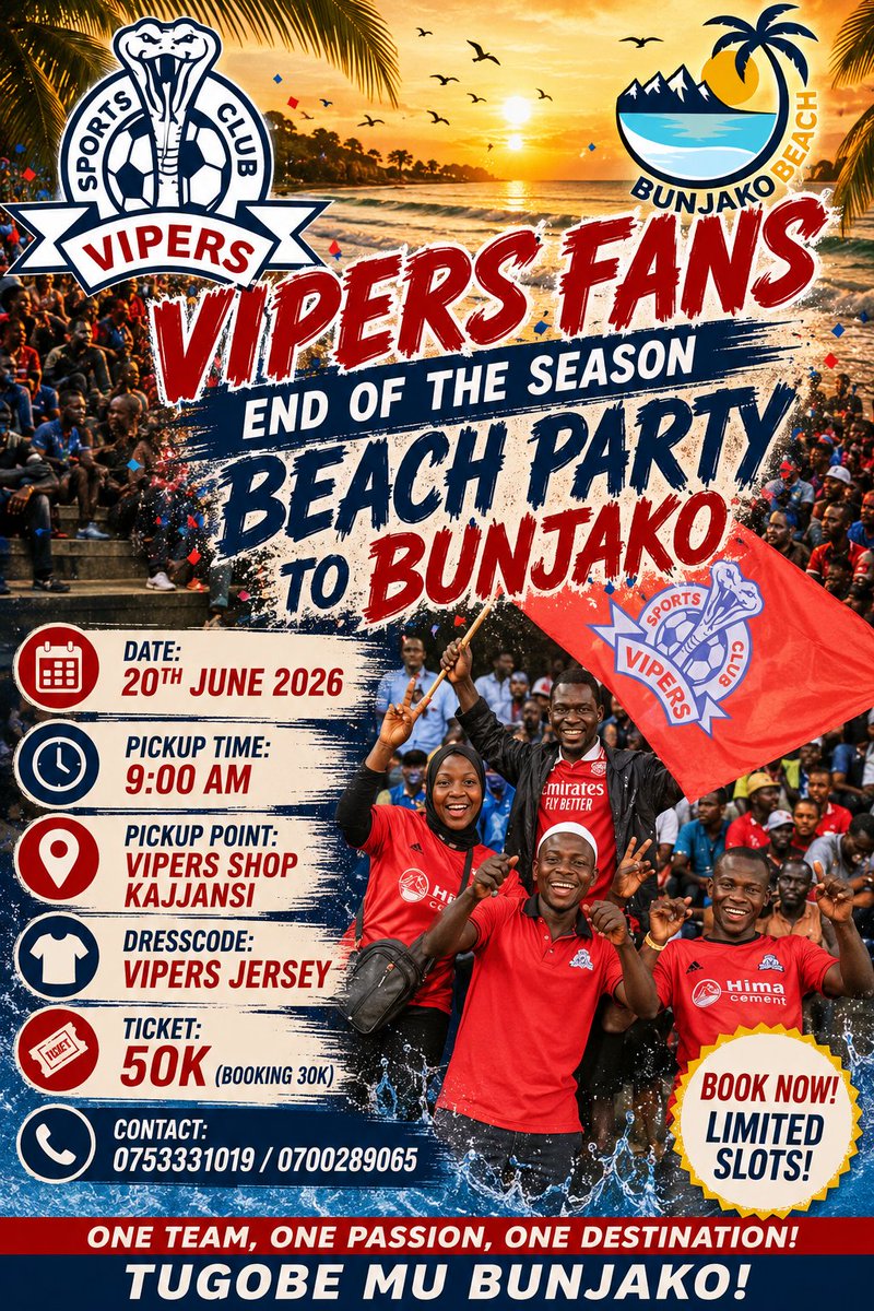 iconfik's tweet photo. @FansVipers @StMarysKitende @PlasconUganda @HimaCement Viperssc fans end of the season beach ⛱️ to bunjako on 20th June 2026.
For booking call 🤙 0753331019/0760564487
ONE TEAM ONE DREAM https://t.co/CE1HiA6x0o