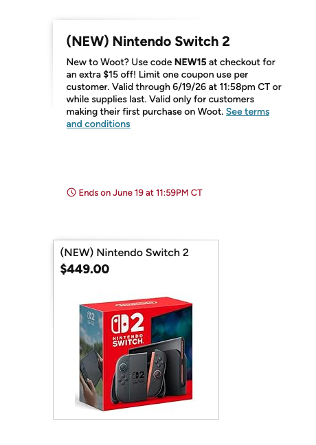 BRAND NEW Nintendo Switch 2 for just $434 for new Woot users with ...