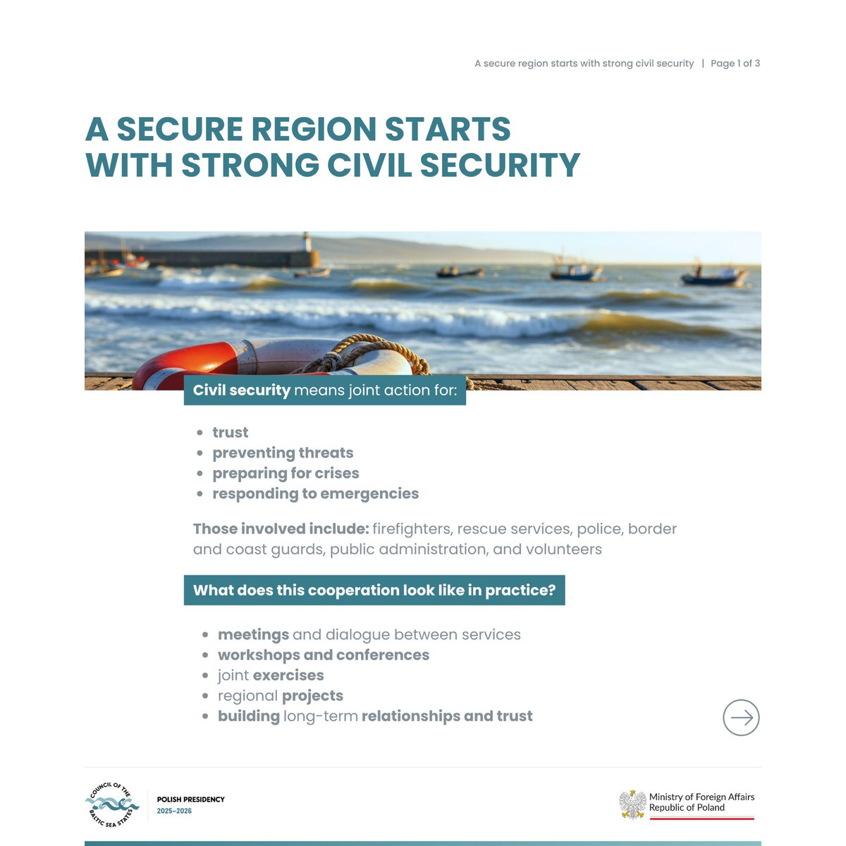 PolandMFA's tweet photo. 🌊 Security in the Baltic Sea region does not begin when a crisis occurs.

It is built long beforehand — through trust, cooperation and shared preparedness.

Climate change, the pandemic and the war on the region’s borders have shown that threats are becoming increasingly complex and interconnected. That is why a common culture of civil security is so important ➡️ prevention, preparedness, rapid response and resilience.

This is precisely the purpose of the CBSS Civil Protection Network — a cooperation platform that brings together national civil protection and civil defence authorities, fire and rescue services, and emergency management agencies from across the region.

🚨 Workshops, exercises and joint projects help build the capabilities and relationships that prove crucial when time is of the essence.