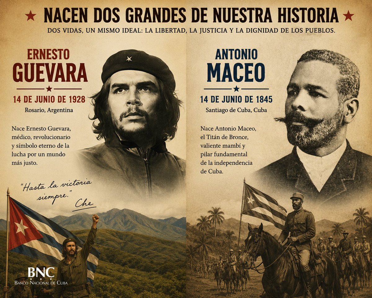 BancNacCuba's tweet photo. Nacen dos grandes de nuestra historia. Dos vidas, un mismo ideal: la libertad, la justicia y la dignidad de los pueblos. Su legado sigue vivo en cada lucha por un mundo más justo.

#bnccuba #sistemabancario #bancarioscubanos #Che #Maceo #DosGrandesDeNuestraHistoria #UnMismoIdeal https://t.co/vAJRi06U3M