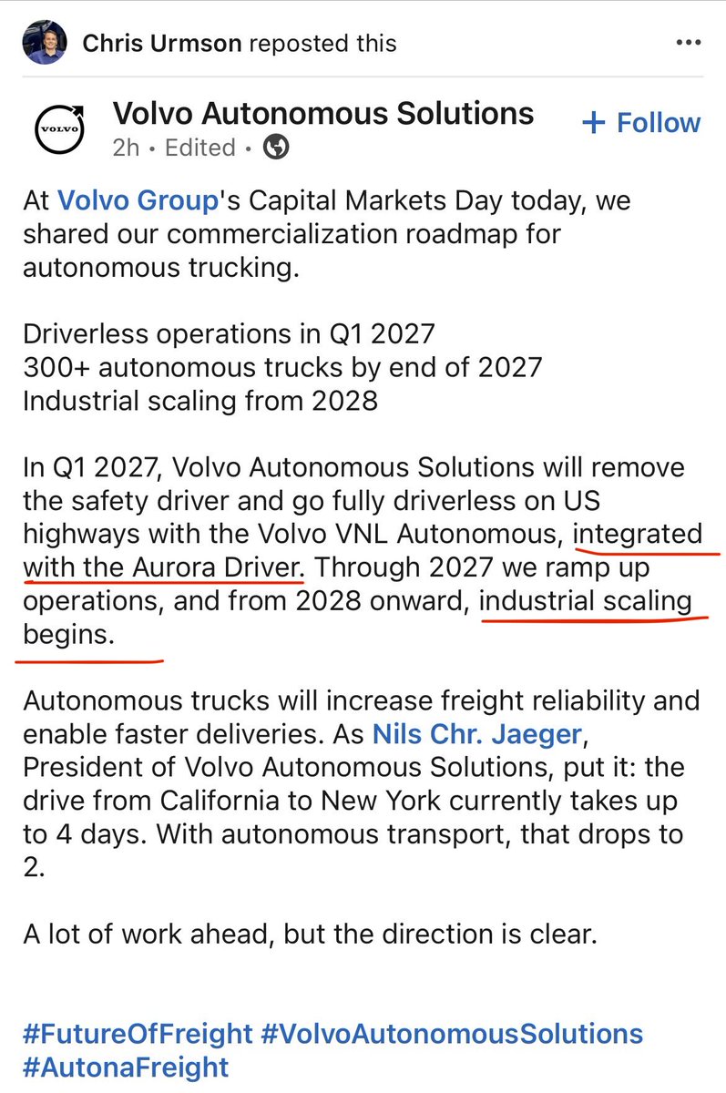 TechEquityEng's tweet photo. 🚨Volvo Lays Out its Plans with $AUR 

• Driverless operations in Q1 2027
• 300+ autonomous trucks by the end of 2027
• Industrial scaling beginning in 2028 (this is the big one for long term holders) 🚀 

All powered by the Aurora Driver.

Aurora has already launched commercial operations and expects hundreds of autonomous trucks operating by the end of 2026, and thousands in 2027.

Now one of the world’s largest truck manufacturers is publicly laying out a roadmap to scale with Aurora into industrial scale deployment in 2028.

We’re moving from “can they do it?” to “how fast can they scale it?”

I continue to hold a large position in Aurora, and it remains my highest conviction moonshot investment for the next decade. 

-T.E.E.

$AUR