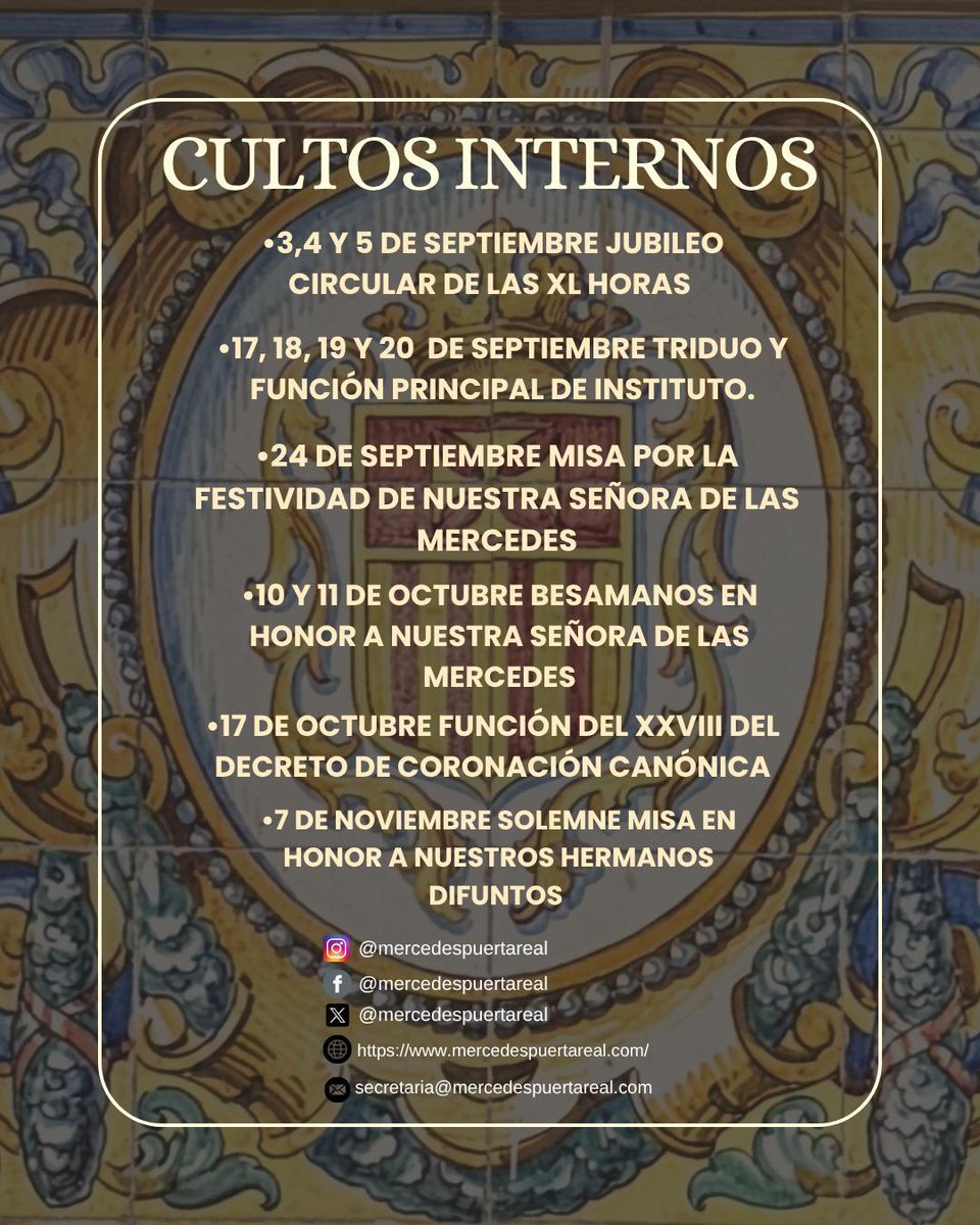 PuertaReal's tweet photo. El pasado dia 9 de junio se celebro en la capilla de Nuestra Señora de las Mercedes, el Cabildo General de Cultos y Salida.

Quedando aprobado en el mismo los cultos de la Stma Virgen así como la salida procesional del próximo 26 de septiembre https://t.co/HvWrAYSLf2