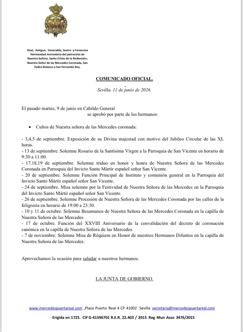 PuertaReal's tweet photo. El pasado dia 9 de junio se celebro en la capilla de Nuestra Señora de las Mercedes, el Cabildo General de Cultos y Salida.

Quedando aprobado en el mismo los cultos de la Stma Virgen así como la salida procesional del próximo 26 de septiembre https://t.co/HvWrAYSLf2