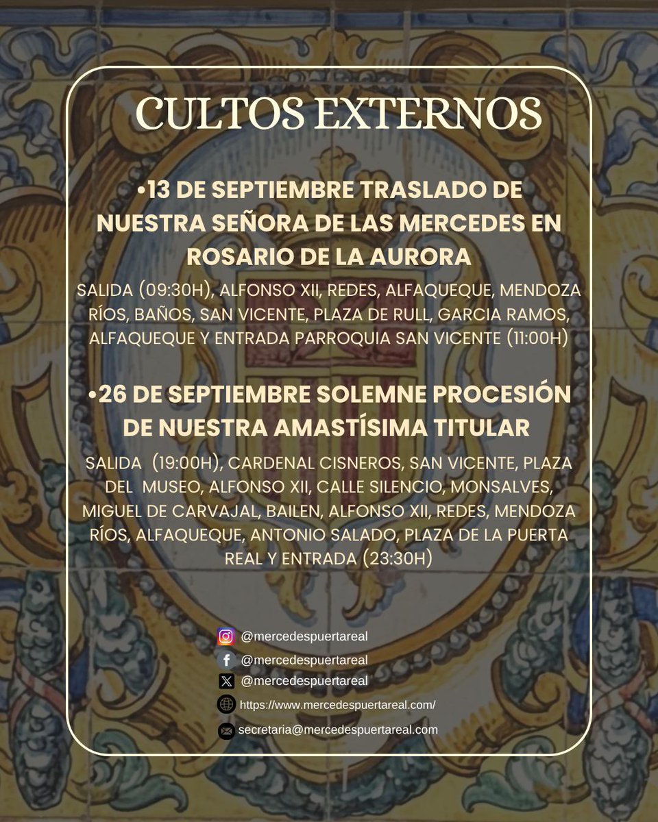 PuertaReal's tweet photo. El pasado dia 9 de junio se celebro en la capilla de Nuestra Señora de las Mercedes, el Cabildo General de Cultos y Salida.

Quedando aprobado en el mismo los cultos de la Stma Virgen así como la salida procesional del próximo 26 de septiembre https://t.co/HvWrAYSLf2