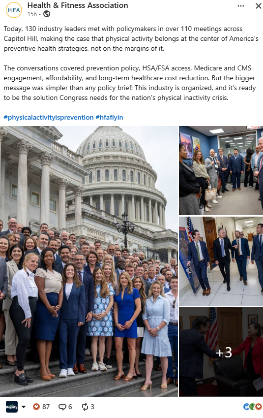 replify_ai's tweet photo. 130 fitness industry leaders. 110+ meetings on Capitol Hill. One message: physical activity belongs at the center of America's preventive health strategy.
Proud of this industry. @HealthFitAssoc  #hfaflyin https://t.co/f2dIvULDG9