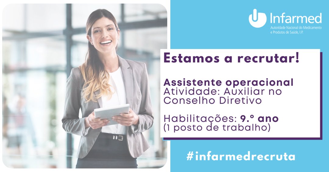 INFARMED_IP's tweet photo. O Infarmed está a recrutar!
Queremos reforçar a nossa equipa e estamos à procura de pessoas com o 9.º ano, para a função de Assistente Operacional, e que desejem fazer parte dela.
ℹ Mais info: https://t.co/8BAOXw7pbH
#infarmed #infarmedrecruta https://t.co/SmLtP2lp4w