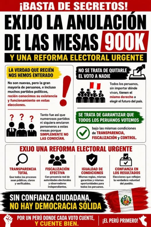 ALECMORRIScr7's tweet photo. RAFAÉL LÓPEZ-ALIAGA: "COMO PERUANO, EXIJO LA ANULACIÓN DE LAS MESAS 900K Y UNA REFORMA ELECTORAL URGENTE. NO SE TRATA DE QUITARLE EL VOTO A NADIE, SE TRATA DE GARANTIZAR QUE TODOS LOS PERUANOS VOTEMOS BAJO LAS MISMAS REGLAS Y CONDICIONES DE TRANSPARENCIA Y FISCALIZACIÓN"... https://t.co/MwHS3hSsiq