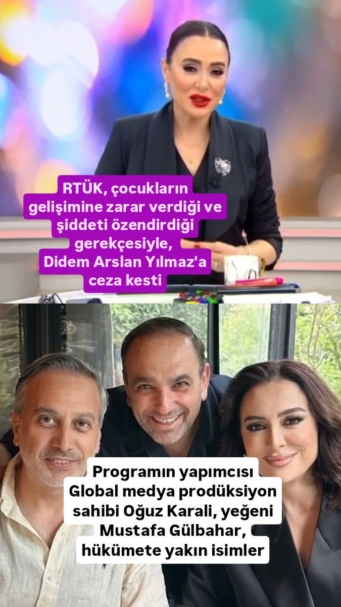 worldmaggazine's tweet photo. HÜKÜMETE YAKIN PATRONA CEZA RTÜKçocukların gelişimine zarar verdiği ve şiddeti özendirdiği gerekçesiyle Didem Arslan Yılmaz'ın  programına ceza verdi. yapımcı Oğuz Karali, yeğeni Mustafa Günnahar, hükümete yakın isimler. Oğuz Karali, bir dönem Eyüpsultan'da inşaatlar yapmıştı. https://t.co/TPjgN7ChsH