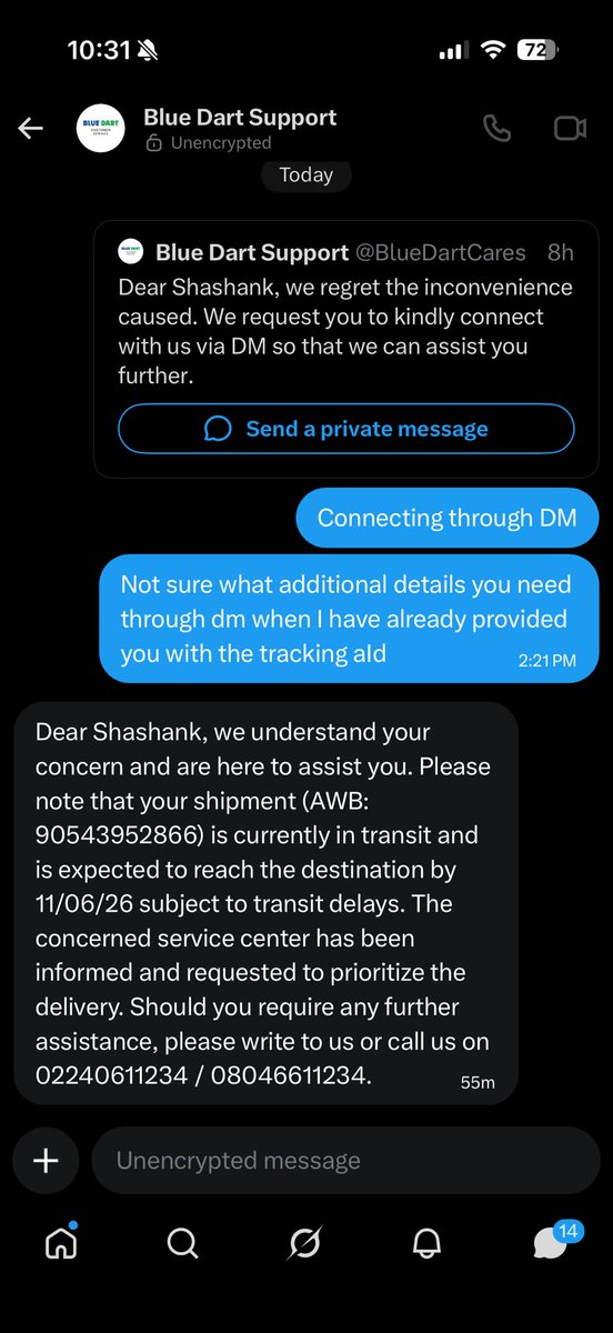 ShashankDzx's tweet photo. @BlueDartCares You are saying subject to transit delays??

The delivery mentioned the product is lying there in their warehouse which is just 6-7 kms there from my house, what and why delay do you expect? https://t.co/twpjXSlmJC