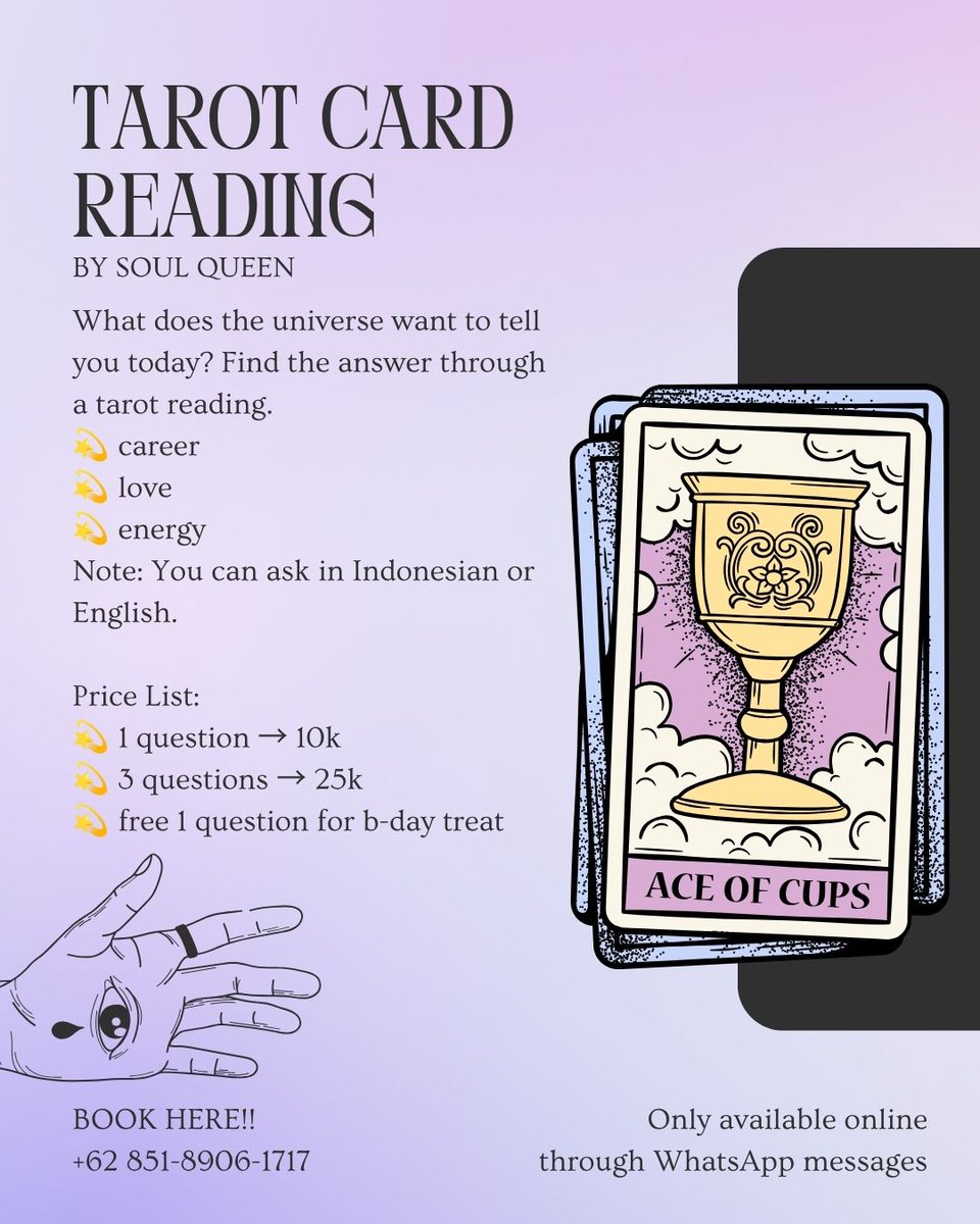 be4soulqueen's tweet photo. kuy yang mau personal reading bisa langsung chat via wa yeah. dijamin resonate, worth it, dan yang pasti queer friendly.
note: tarot reading ind/eng
#tarotreader #tarotcards #tarotreading #tarotbysoulqueen https://t.co/W3Gw0YnToe