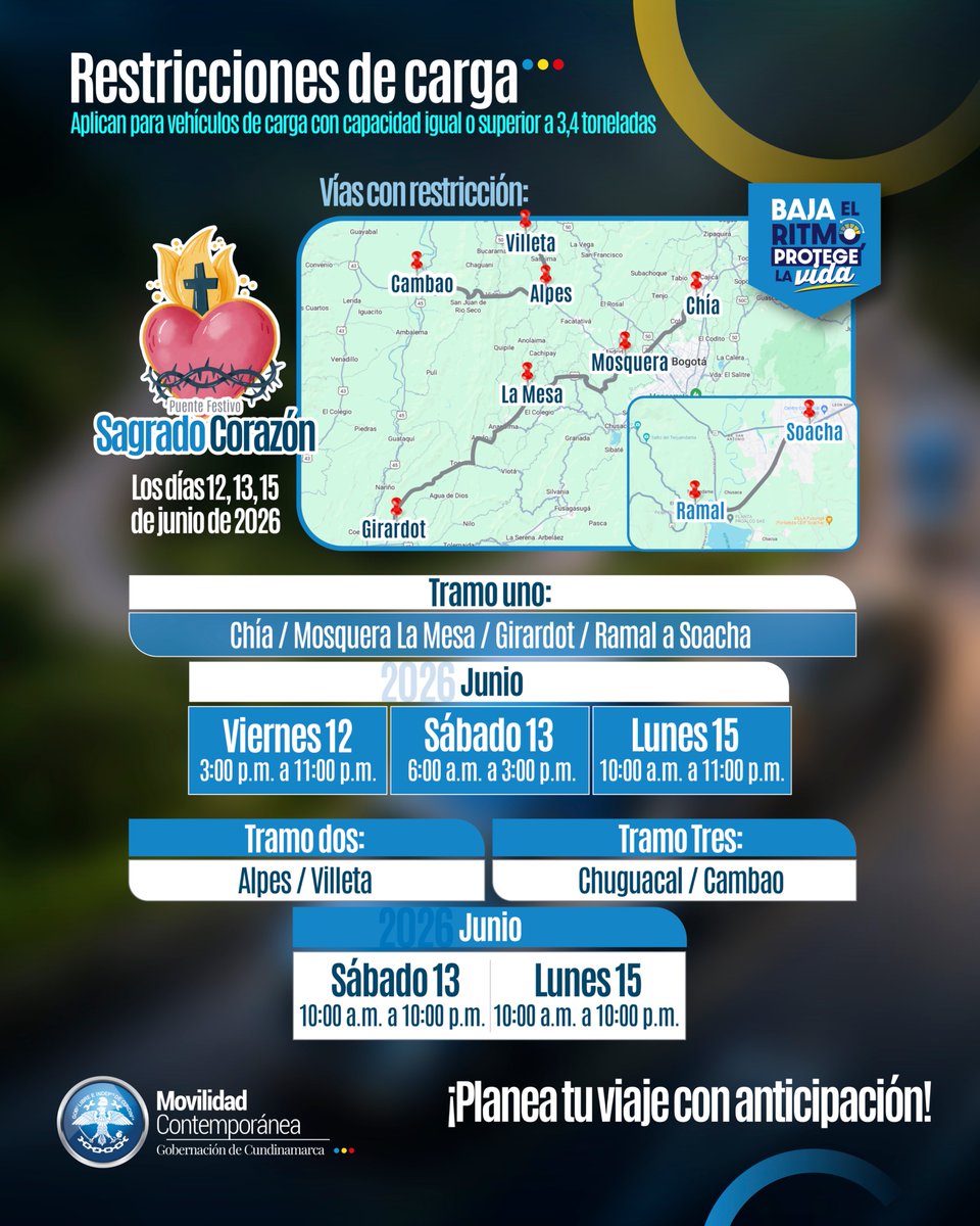 MovilidadCundi's tweet photo. 🚨 Si vas a viajar durante este #PuenteFestivo, ten presente las restricciones para el #TransporteDeCarga en las vías a cargo del departamento de #Cundinamarca.

¡Consulta aquí los horarios y corredores donde aplican las medidas!.
#BajaElRitmoProtegeLaVida 
@CundinamarcaGob https://t.co/kW4lYQpbN8