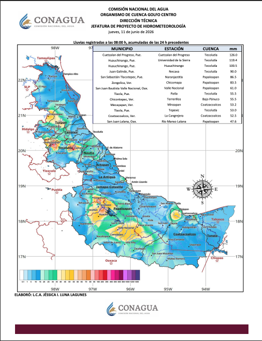 ConaguaOCGCtro's tweet photo. 🌧️ Registro de lluvias acumuladas    

Compartimos el registro de lluvias acumuladas durante las últimas 24 horas en la región Golfo Centro. 

Se mantendrá la vigilancia sobre los niveles de los ríos y las condiciones meteorológicas en la región. https://t.co/qzdjzosnU7