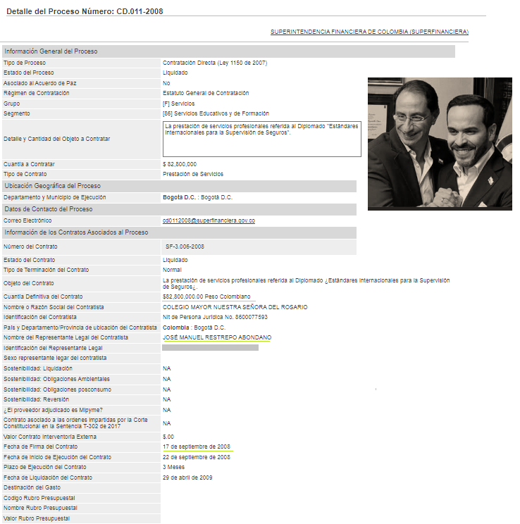 JuanPoe's tweet photo. !Atención! Salen contratos de José Manuel Restrepo vice de Abelardo de la Espriella con el Estado como representante de la U del Rosario. Un contrato con la Superfinanciera por 82 millones (Gob Uribe) por un diplomado a sus funcionarios ¿No que no dependían de la teta del Estado? https://t.co/dkin8hYWqk