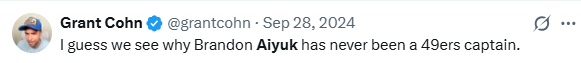 gv49ers's tweet photo. It's kind of hilarious how Grant Cohn is a Brandon Aiyuk champion suddenly now that we know he's not going to be a 49er.

Cuz this was Grant when he thought Aiyuk would be a 49er for a long time.

A shock to nobody who actually knows how the guy works. https://t.co/QYaFLHqxwz