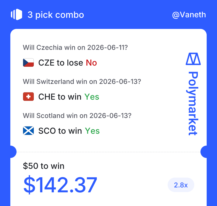 TheonlyVaneth's tweet photo. Just completed my first Combo on @Polymarket 

What you think? https://t.co/InDDD1tidn