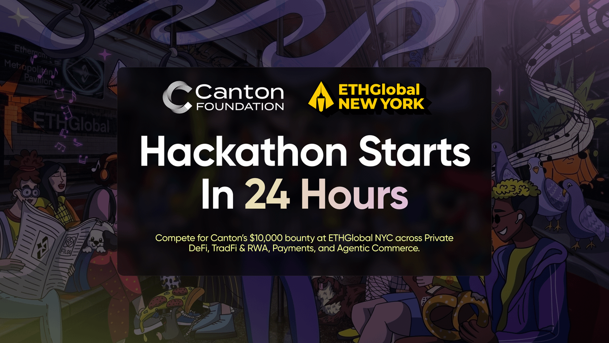 CantonFdn's tweet photo. The @ETHGlobal New York hackathon starts in 24 hours.

Canton Foundation's $10,000 bounty is live across four tracks, Private DeFi, TradFi &amp; RWA, and Payments &amp; Agentic Commerce.

@JPandya26, Amanda Martin, @Viv_Diwakar, and @BenStolman will be at the Canton booth all weekend. https://t.co/gTxBariN02