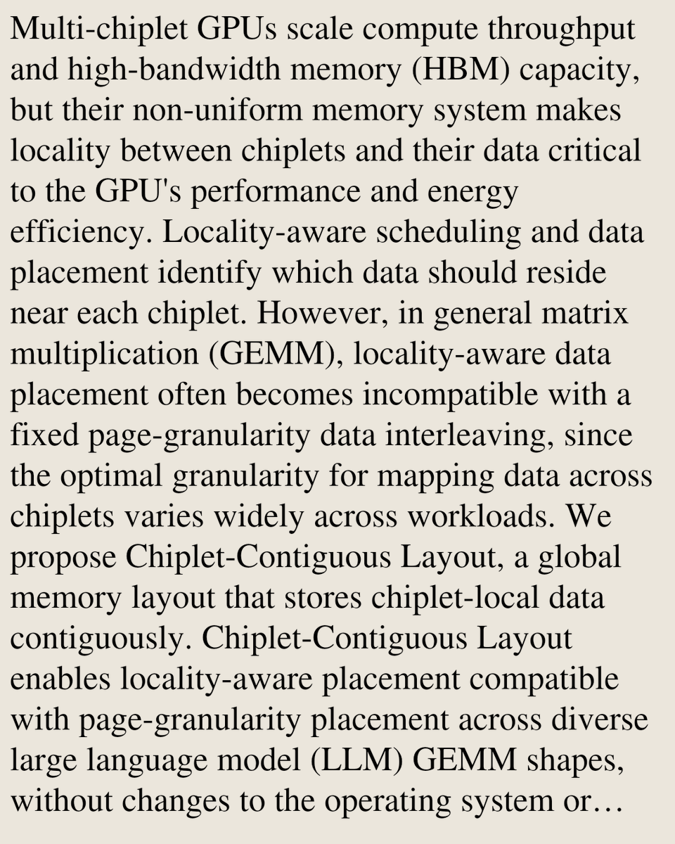 WWVY's tweet photo. Making Locality-aware GEMM Compatible with Page-Granularity Placement on Chiplet GPUs

Euijun Chung, Jae Hyung Ju, Hyesoon Kim
https://t.co/Anqym19oDo [𝚌𝚜.𝙰𝚁] https://t.co/4qtCJDT5Ho
