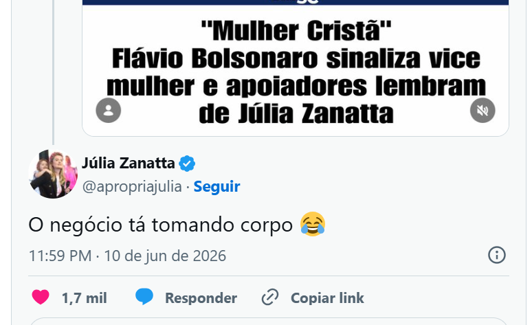 ZazaS_'s tweet photo. Eduardo cita Zanatta como vice de Flávio: ‘Está à altura do cargo’
"Basta ver sua lealdade, pautas que muito bem defende no Congresso e, claro, o esperneio da esquerda"
Em publicação no X, Eduardo elogiou a ‘lealdade’ de Zanatta e afirmou: “se o maus reclamam, este é o caminho”. Em seguida, escreveu: “Certamente a Dep. Júlia Zanatta (PL-SC) está a altura do cargo, basta ver sua lealdade, pautas que muito bem defende no Congresso e, claro, o esperneio da esquerda”.

A deputada respondeu ao post com a frase “o negócio tá tomando corpo” e um emoji de risada 
https://t.co/0faWw19NAd