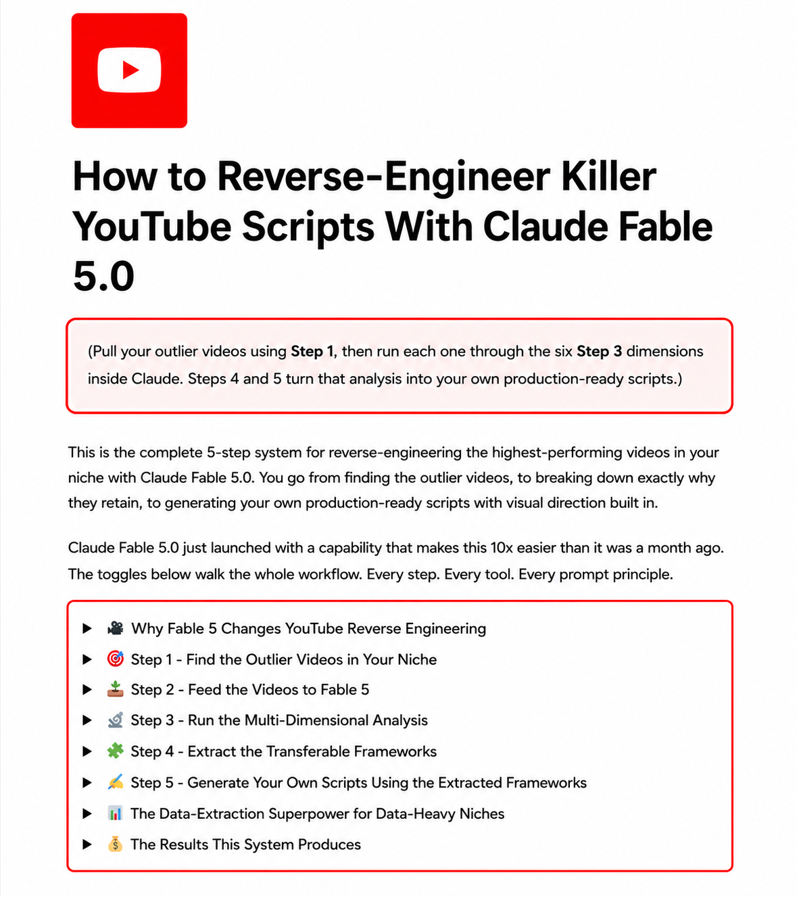 fyreinteractive's tweet photo. i've been testing claude fable 5.0 to reverse-engineer the BIGGEST faceless youtube channels in the trendiest niches

and the results have been absolutely insane.....

it analyzes the pacing, format, angle, and hooks with 10x better vision and intelligence than opus 4.8

so i've decided to document the ENTIRE scriptwriting system i'm using with it...

here's what's included inside the guide:

> how to find the right outliers
(manually, claude cowork to scrape winners, or nexlev mcp to surface sub-50k channels pulling 200k+ views)

> how to feed a video to fable 5
drop the link if you have the transcript api connected, or feed it transcript + title + thumbnail + mp4 file. transcript alone give it massive analytical power though.

> the 6-dimension analysis
hook structure, pacing map, curiosity gap architecture, foreshadowing, audience vocabulary, and visual-script sync (mapping how the cuts move with the script, only fable 5 sees this)

> extracting the transferable frameworks
the hook formula, pacing template, and payoff structure that carry across every video in the niche

> generating your own scripts
fable 5 writes in the outlier's psychological pattern with original content, annotated with visual direction notes for the edit

> the data-extraction bonus
it pulls exact figures off charts in research pdfs. "researchers found results" becomes "the 2024 cohort study, 3,847 participants, 34.7% reduction"

all backed by 7,000+ scripts written across 50+ niches

and the methodology behind 150,000,000+ views.

and for 24h, it can be ALL yours for free.

like + comment "SCRIPTS" and i'll send it over

(must be following + RT for priority access)