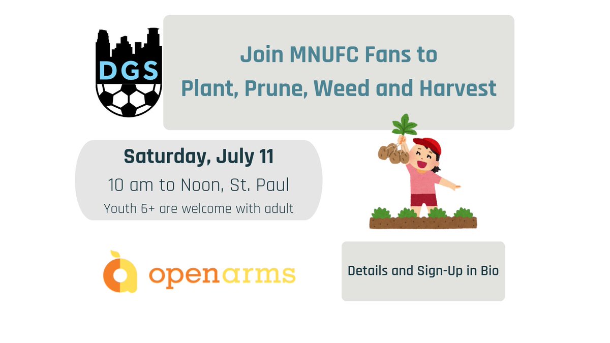 DGS_United's tweet photo. Join fellow fans Saturday, July 11 at @openarmsmn Abundance Farm. Contribute to growing food and Doing Good Stuff for neighbors in need. Youth 6+ are welcome when accompanied by an adult.  Bring friends &amp; family, everyone’s welcome! Sign up at https://t.co/pNxqQ0iHTM  #MNUFC https://t.co/rUxJBbJT95