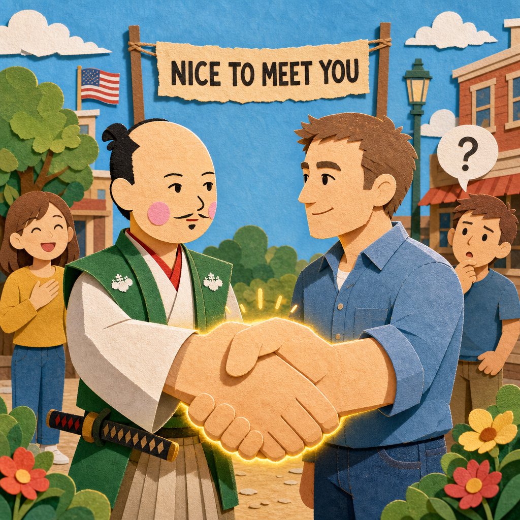 japan_nobunaga's tweet photo. USA. A businessman shook my hand, and I require a moment.

In Japan, the bow carries everything — depth, duration, who rises first. The hands stay home. I knew that here, the hands MEET. I had practiced. I believed I was prepared.

I was not prepared for KENNETH.

Kenneth's handshake began before contact — his hand left his side at four paces, like a falcon leaving the glove. The grip: TOTAL. Not painful, but complete. A clasp communicating that Kenneth was glad to meet me, that Kenneth's business was thriving, and that Kenneth has risen at five a.m. for thirty consecutive years. Two pumps. Eye contact throughout. Frank as noon.

I returned what I could. Sincere grip. Matched rhythm. Held the eyes.

And Kenneth said the words:

"Now THAT'S a handshake."

I have had this sentence appraised by three separate neighbors, America. All three confirmed: highest praise. Rarely issued. Never false. One neighbor added, "Kenneth said that? About YOUR handshake?" — with a new respect that has not faded since.

I have studied the institution properly now. Your handshake is a complete diplomatic system compressed into two seconds: too soft, you are hiding something. Too hard, you are PROVING something — which is worse. The ideal is firm, dry, brief. Strength, shown but not used.

It is the bow, in grip form. We measure each other in my country too. We simply do it from farther away, and nobody risks a finger.

But understand what Kenneth gave me, America. In Japan, mastery of the bow takes a lifetime, and no one will EVER tell you that you have achieved it. That would be unthinkable.

Kenneth told me in FOUR SECONDS, in a hardware store, by the fasteners.

That's a handshake. A judgment, issued instantly, by a man qualified to issue it.

A man does not ask the falcon to land softly. He grips, gives two pumps, and is judged.

Kenneth and I shake hands every Saturday now. He advises me on bolts. The falcon flies at four paces, two pumps, full eyes, every time.

My bow I keep for my own people.

The handshake belongs to Kenneth, and honestly, America, he has earned it.