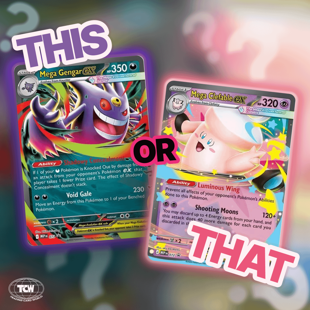 TradingCardWRLD's tweet photo. The Mega Moonlit Tin came out last week, and you got a choice to make.

Are you choosing the Mega Gengar ex or Mega Clefable ex? https://t.co/MZXY1HzUqf