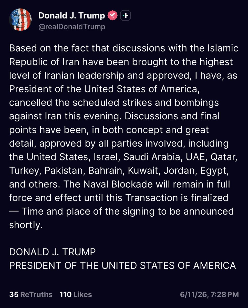 daopz's tweet photo. ATENCIÓN🔴

El Presidente Trump desde Truth+

Basado en el hecho de que las conversaciones con la República Islámica de Irán han sido llevadas al más alto nivel de liderazgo iraní y aprobadas, yo, como Presidente de los Estados Unidos de América, he cancelado los ataques y atentados programados contra Irán esta noche. Las discusiones y los puntos finales han sido, tanto en concepto como en gran detalle, aprobados por todas las partes involucradas, incluidos los Estados Unidos, Israel, Arabia Saudita, Emiratos Árabes Unidos, Qatar, Turquía, Pakistán, Bahréin, Kuwait, Jordania, Egipto y otros. El bloqueo naval permanecerá en pleno vigor y efecto hasta que se finalice esta transacción - La hora y el lugar de la firma se anunciarán en breve.

DONALD J. TRUMP

PRESIDENTE DE LOS ESTADOS UNIDOS DE AMÉRICA