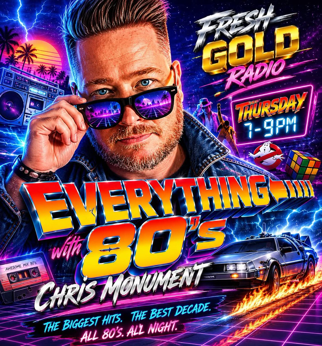 chrismonradio's tweet photo. Im back tonight from 7️⃣-9️⃣ on #FreshGoldRadio with #Everything80s 🕶 😁🎵 Packed full of 80's classics, fun facts &amp; get involved &amp; play along with 'TV Quick' 📺 &amp; a 'Year in your Ear'👂🤣 Ask your smart speaker 🔊 to play Fresh Gold Radio or find us on the Tune In radio app 🎵 https://t.co/WEEJX0meMG