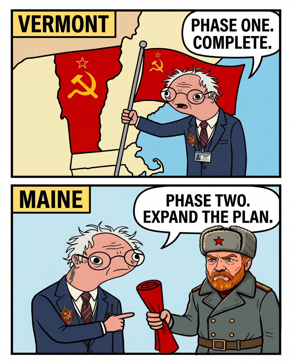 BurnieSendersX's tweet photo. Comrade, the Vermont plan was a success.

Housing shortages, hospital moratoriums, high costs, and young people leaving the state. All achieved as intended.

Now it is time to begin Phase Two.

Maine is next.

The 5 year plan is perfect. ☭ https://t.co/IjCgHJa0e2