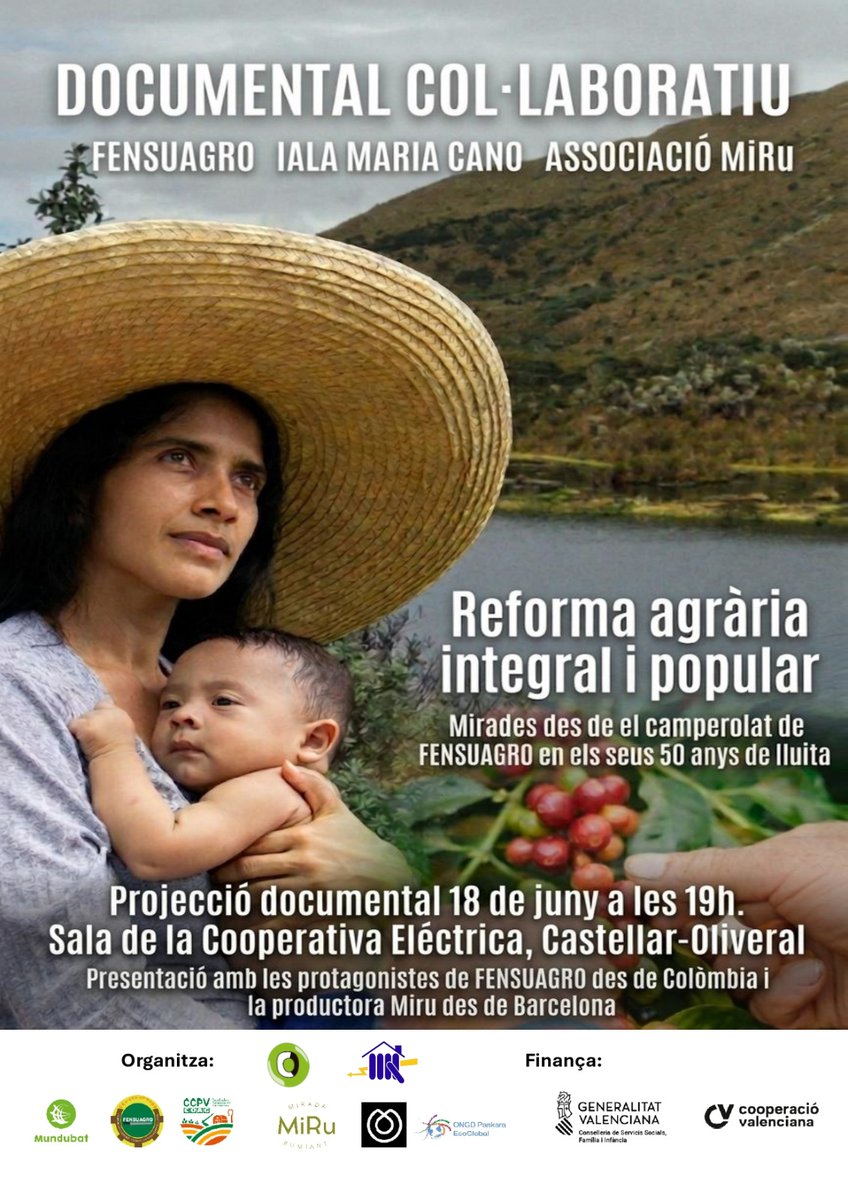 Veins_Cast_Oliv's tweet photo. Estrena del documental col·laboratiu sobre la Reforma Agrària Integral i Popular a Colòmbia

📆 Quan? El dijous 18 de juny, a les 19 hores.

📍On? En la Sala d'actes de la Seu Social de la Cooperativa Elèctrica de Castellar-Oliveral, en el Carrer Aurora 34.

Vos esperem!!! 👇 https://t.co/xYtNKQYxqi
