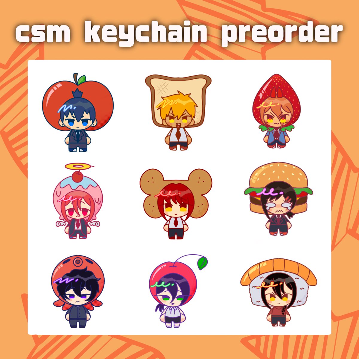 squidmations's tweet photo. I’m having these CSM keychains available for pre-order on my shop as well and they should be arriving later this month!

I also currently have these designs available as stickers!

#csm https://t.co/3jl9b1wMEk