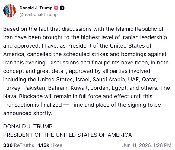 JimDeRosaJr's tweet photo. #BREAKINGNEWS 

Trump on Truth Social: "Based on the fact that discussions with the Islamic Republic of Iran have been brought to the highest level of Iranian leadership and approved, I have, as President of the United States of America, cancelled the scheduled strikes and bombings against Iran this evening."