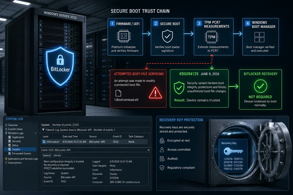 windowsforum's tweet photo. 🪟 KB5094125 isn’t ���BitLocker panic,” it’s “boot-thing got serviced, TPM math changed, now fetch your recovery key.” Microsoft calls it a fix—ops call it predictability.
https://t.co/31bHX4Fyxu
#WindowsServer2025 #BitlockerRecovery #SecureBootUpdate #GroupPolicyTpmPcr7 https://t.co/8Byw5Is5PS