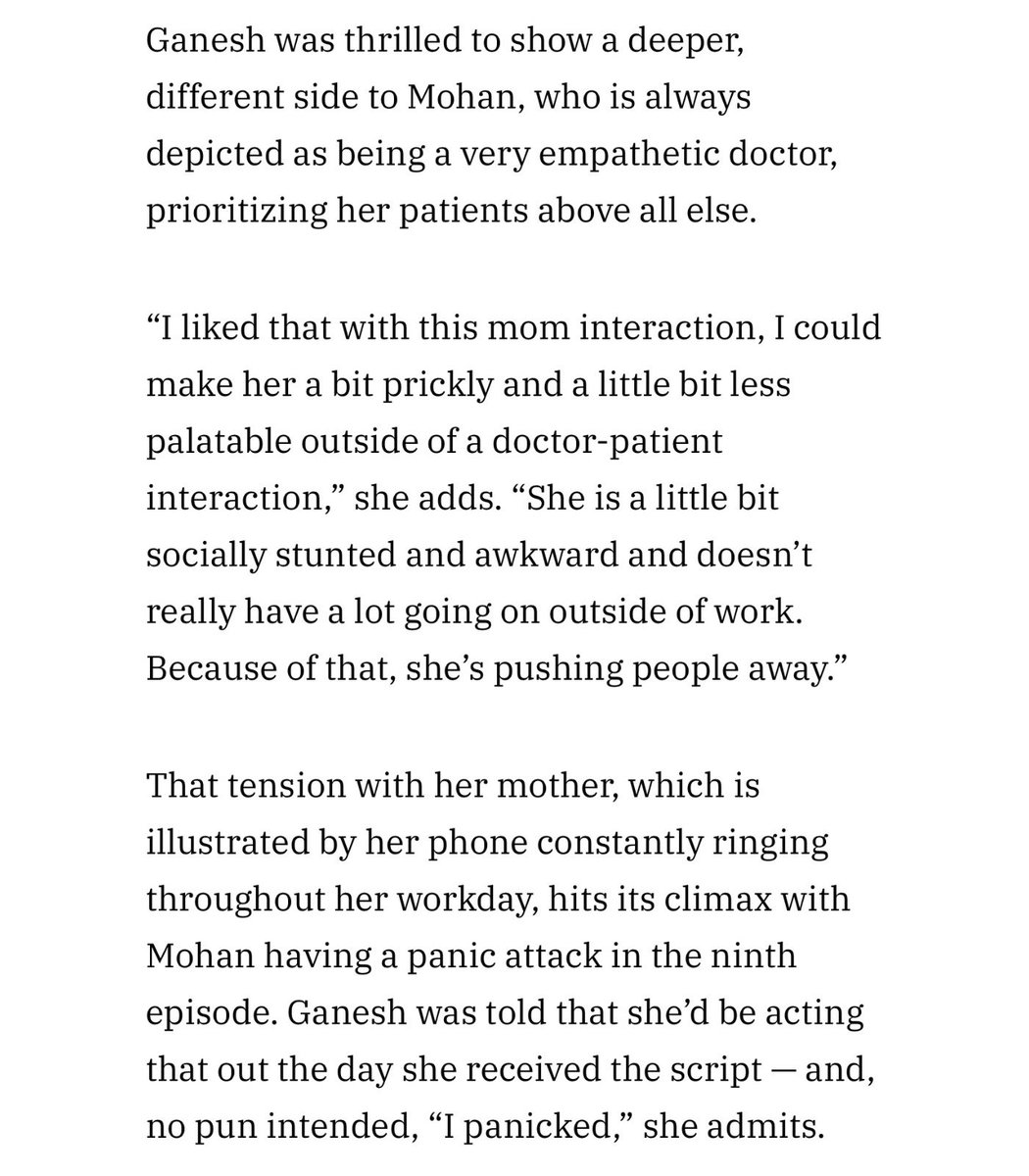 bestofsupriya's tweet photo. Supriya on showing a different side to Mohan: 

“I liked that with this mom interaction, I could make her a bit prickly and a little bit less palatable outside of a doctor-patient interaction. She is a little bit socially stunted (…). B/c of that, she’s pushing people away.” https://t.co/ja0hxyAsNn