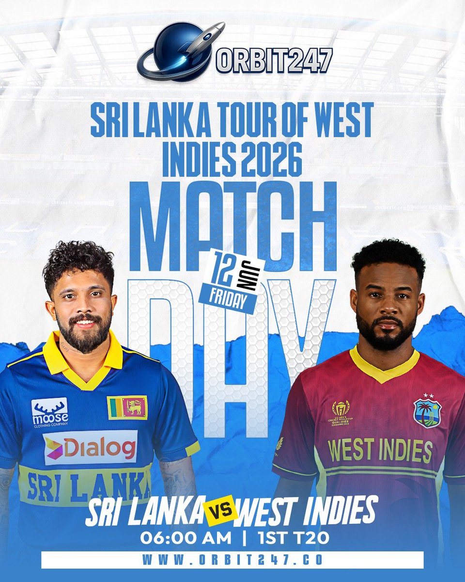 Orbitt247's tweet photo. 🏏 Match Day Fever is ON!
Get ready for a thrilling clash as giants collide on the pitch

🗓️ 12 June
⏰ 06:00 AM (1st T20)
Sri Lanka 🆚 West Indies 

#MatchDay #CricketFever #SLvsWI #T20Cricket #GameOn #SportsAction https://t.co/5VC0TJKeeb