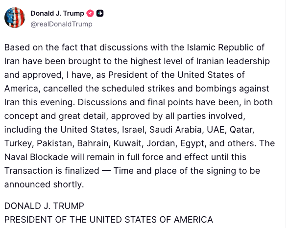 can_hasasu's tweet photo. 🚨 SON DAKİKA

ABD Başkanı Trump, bu akşam planlanan İran'a yönelik saldırı ve bombardımanları iptal ettiğini açıkladı.

Trump, İran'la yürütülen görüşmelerin en üst düzey İran liderliğine ulaştığını ve onay aldığını belirtirken, ABD, İsrail, Suudi Arabistan, BAE, Katar, Türkiye, Pakistan, Bahreyn, Kuveyt, Ürdün ve Mısır'ın da dahil olduğu tarafların anlaşmanın ana hatları ve detayları üzerinde mutabakata vardığını iddia etti.

Ancak Trump, anlaşma resmileşene kadar İran'a yönelik deniz ablukasının devam edeceğini vurguladı.