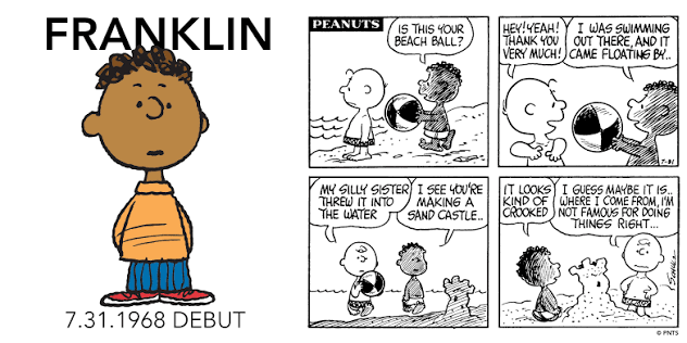 Pressle4Madison's tweet photo. @SkullJoker99 @ThatEricAlper Me neither, I first saw him in the Thanksgiving special. Apparently his debut was this comic strip with Charlie Brown at the beach ⛱️ https://t.co/kH2L692INs