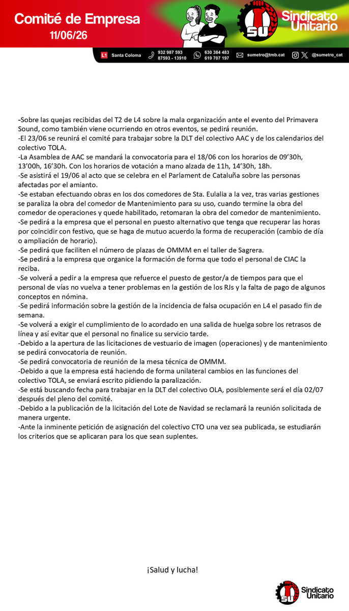 sumetro_cat's tweet photo. Publicamos el resumen del Comité de hoy.
Publiquem el resum del Comitè d'avui. https://t.co/5MNs2F7KDK