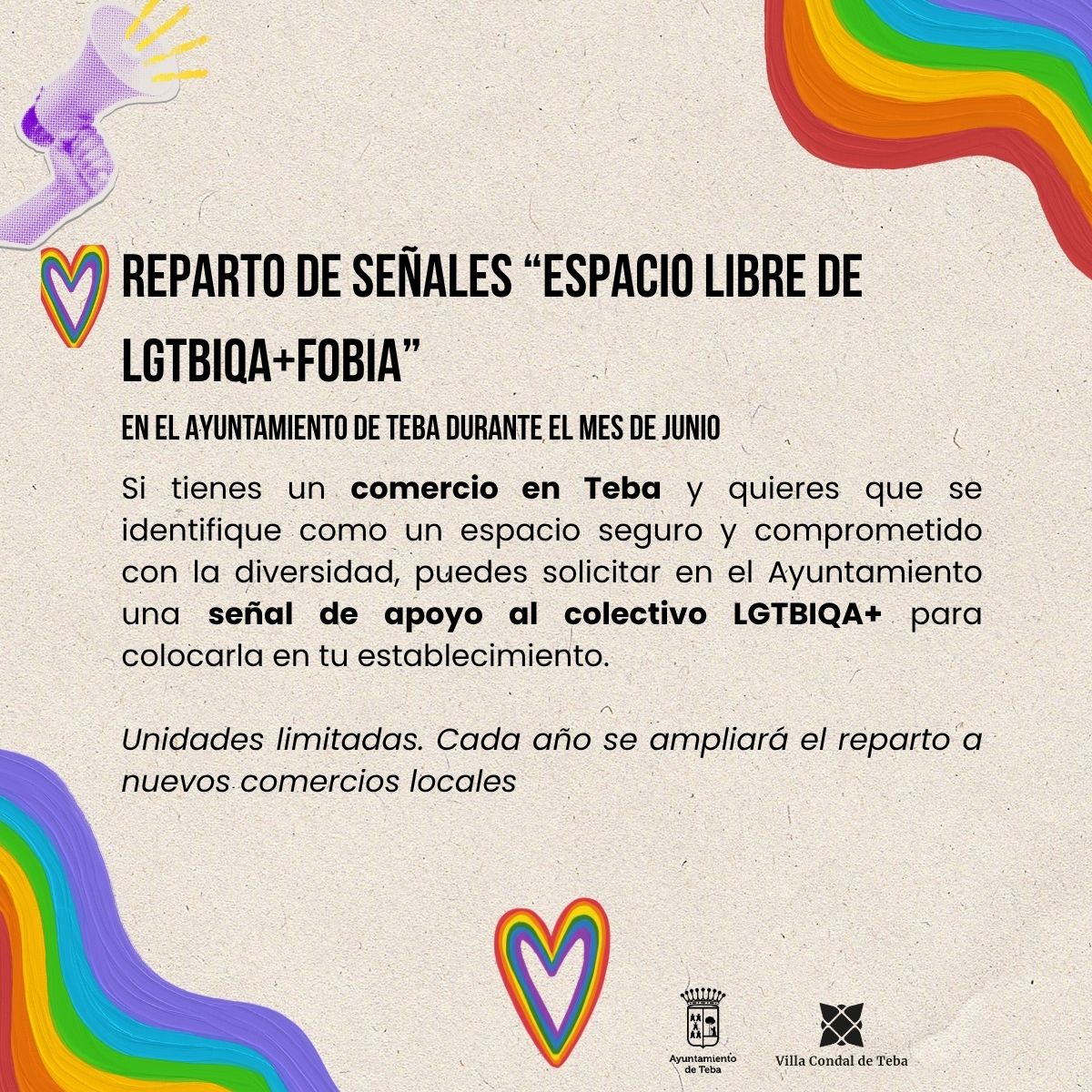 ConoceTeba's tweet photo. 🏳️‍🌈💜 |  Con motivo de la celebración del Orgullo LGTBIQA+, el Ayuntamiento de Teba pone en marcha una nueva campaña dirigida al comercio local para seguir construyendo un pueblo más inclusivo, respetuoso y comprometido con la diversidad. https://t.co/5KNVEZg48Y