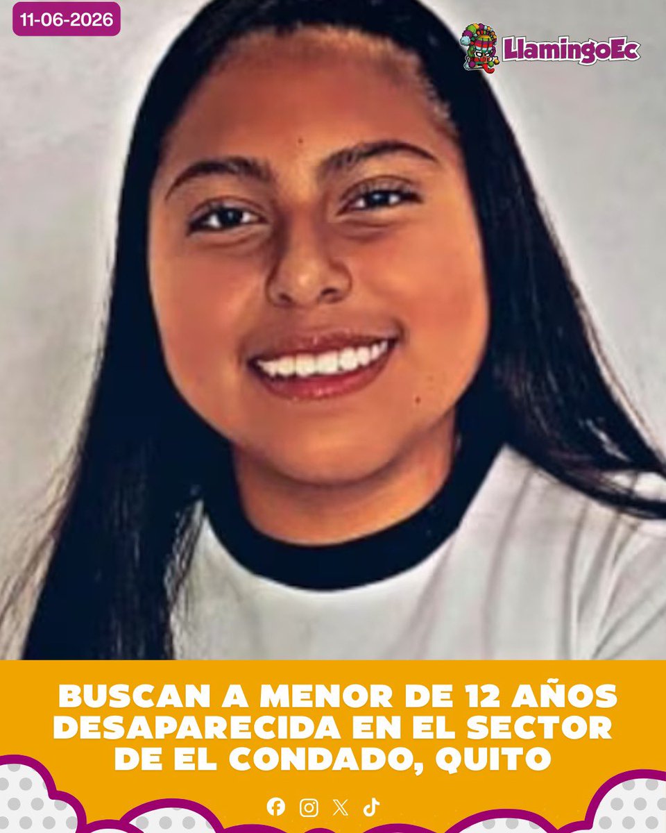 LlamingoE's tweet photo. #Seguridad | La adolescente Thais Alejandra Calahorrano Andrade, de 12 años, permanece desaparecida desde el pasado 9 de junio de 2026, luego de ser vista por última vez en el sector de El Condado, en el norte de Quito.

Según la alerta difundida, la menor llegó con normalidad a la Unidad Educativa Andrés Bello alrededor de las 12:45 en transporte escolar. Sin embargo, minutos después salió del establecimiento para realizar una compra y no volvió a ingresar.

Desde ese momento se desconoce su paradero, por lo que su familia inició la búsqueda en los alrededores del sector y presentó la denuncia ante las autoridades.

Thais tiene 12 años, es de nacionalidad ecuatoriana, mide aproximadamente 145 centímetros, pesa 132 libras, es de contextura gruesa, tiene cabello negro y ojos negros.

Su padre, David Calahorrano, pidió apoyo ciudadano y mayor celeridad en la atención de estos casos.

La familia solicita que cualquier persona que tenga información sobre su paradero se comunique de inmediato con las autoridades.

📞 ECU 911 | 1800 DELITO | +593 99 287 2742

Nota: Bruja
#Quito #Desaparecidos #Seguridad #Ecuador #Alerta