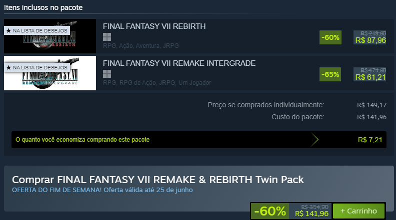 AlterjoseZ's tweet photo. Final Fantasy 7 Remake por R$ 61 na Steam, menor preço histórico
Final Fantasy 7 Rebirth por R$ 88 na Steam

FINAL FANTASY 7 REMAKE Twin Pack por R$ 142, menor preço histórico da coleção https://t.co/CVi5WsUKMu