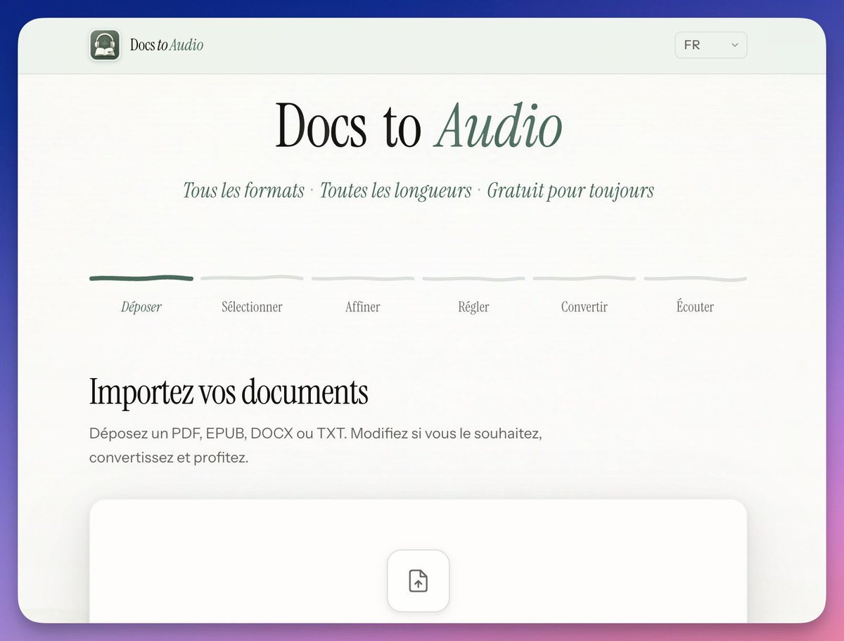 outilstice's tweet photo. Transformer un PDF, un EPUB ou un DOCX en fichier audio, gratuitement et sans créer de compte ? 🎧  
DocsToAudio permet de générer des MP3 ou livres audio en quelques clics, avec plus de 300 voix IA.  
À tester 👇  
https://t.co/CNpUqUkB2s  
#TICE #EdTech #IA #Enseignants https://t.co/Yv237oIHae